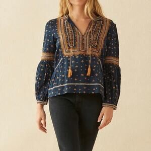 BA&SH Anders Marine Embroidered Top Blouse Blue Gold XS